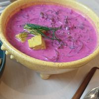 Pink soup with tofu at Colibri in Vilnius
