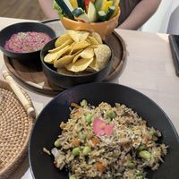 Stir fry rice and pink sauce at Colibri in Vilnius