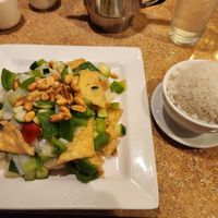 Kung pao tofu with side of white rice at Chen's Family Dish in Roseburg