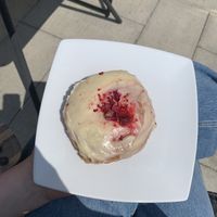 Raspberry white choc donut (delicious)  at The Wren in Saltburn-by-the-sea