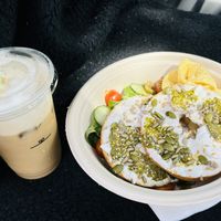 2nd visit - iced latte and cream cheeze & pesto bagel  at The Wren in Saltburn-by-the-sea