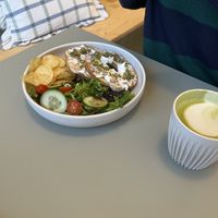Cheeez bagel with macha   at The Wren in Saltburn-by-the-sea