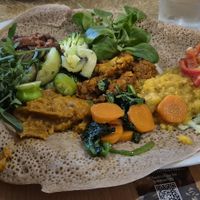 Vegan dish of injera at Abyssinia Restaurant - Teff in Munich