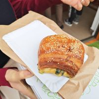 Empanada/pan con relleno de espinaca y bechamel at Medialuna Valpo in Valparaiso