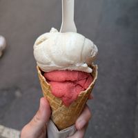 strawberry and vegan vanilla (cones are vegan as well) at Glacier Terre adélice Annecy in Annecy