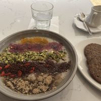 Steel cut oats with all toppings, plant based sausage patties  at Fres.Co in San Diego