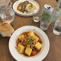 Aubergine and rice dish, polenta and tomatoes dish    at CURIEUSES  in Dijon
