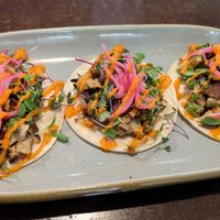 Blackbird Foods seitan tacos, pickled red onion, micro greens, and spicy creamy salsa roja. It's really hard to order anything else! at Vibrissa Beer  in Winchester