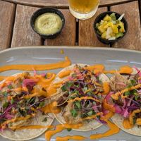 Blackbird Foods seitan tacos, pickled red onion, micro greens, spicy creamy salsa roja, asked for a side of grilled pineapple jalapeno pico, and avocado dressing. at Vibrissa Beer  in Winchester