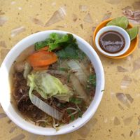 Noodle soup with shredded mock meat and meatballs  at Sir Si Pha in Kampong Cham
