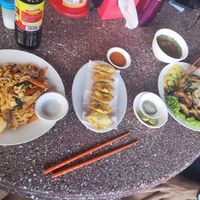 Noodle plate and rice plate. Dumplings. Really good at Sir Si Pha in Kampong Cham