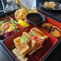 Tofu and vegetable bento box with miso soup at Saki  in North London