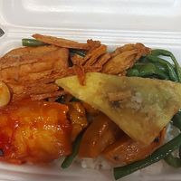 Various mock meats over rice at Thiện Ân in Ho Chi Minh City