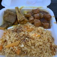 Rice with curried tofu and mock meatballs at Vegan Bites in Belize City