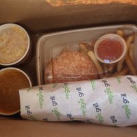 Bbq chikin wrap, Mac and cheez, corn bisque soup, and a burger with fries :) at Veggie Grill by Next Level in Carlsbad