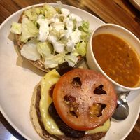Steak burger and soup  at Veggie Grill by Next Level in Carlsbad