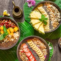 Smoothie Bowls in different colours, fruits, berries, grains and superfood at Samadi Kitchen Lab in Canggu