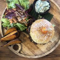 Mushroom and chickpeas veg burger   at Samadi Kitchen Lab in Canggu