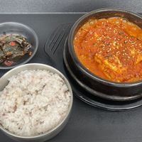 Rice, Braised Tofu (Dubu Jorim), Perilla leaf side dish   at Monggeul Monggeul - 몽글몽글 in Seoul