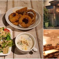 Delicious vegan Mac & Cheese, lovely soup, crispy onion rings, healthy salad! :) at AIN SOPH.Soar in Tokyo