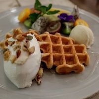 Waffle with whipped cream, ice cream and fruits at AIN SOPH.Soar in Tokyo