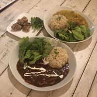 Mushroom rice, curry with rice, fried “chicken” at AIN SOPH.Soar in Tokyo