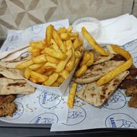 2 vegan souvlaki + fries and vegan mayo at Kanisos in Uccle
