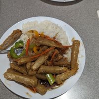 Ginger beef on rice at Happy Veggie House in Calgary