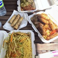 Top to bottom: assorted gluten (mix of soft and firm), spring rolls, ginger beef on fried rice, and Singapore noodles   at Happy Veggie House in Calgary