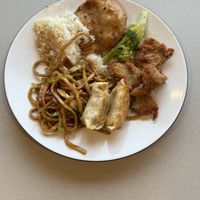 A plate of items we ordered; vegan steak, dry ribs, noodle and dumplings   at Happy Veggie House in Calgary