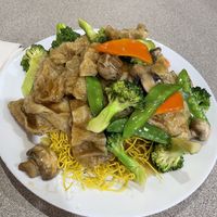 Fried gluten with crispy noodles   at Happy Veggie House in Calgary