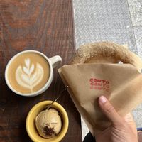 Oat latte, salted rice malt caramel ice cream, donut  at CONTO in Kyoto