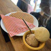 Stroopwafel icecream sandwich + strawberry and grapfruit-dill ice cream  at CONTO in Kyoto