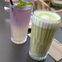 Homemade Limonade Lavendel und Zitrone, Matcha Latte at Vegabar Restaurant in Sulzbach