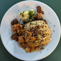 rice with jackfruit and hummus at Vrijplaats in Leiden