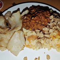 Hutspot (mashed potatoes, carrots and onions), bell pepper lentins, soy pieces and grilled cabbage at Vrijplaats in Leiden