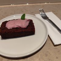 Chocolate-Banana Cake with Raspberry cream topping at Café Irma  in Zurich