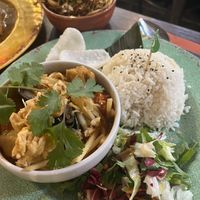 Vegan coconut kari with ‘vegan bites’, aubergine and bean sprouts, served with rice and salad. Side of soya noodles.   at Banana Tree - Wardour in London