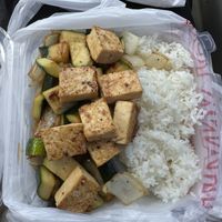 Hibachi veggie tofu, plain rice. Zucchini, onion, mushrooms. Sauces were served on the side which was nice-easy to leave off  at Teppanyaki Kings in Eagle Point
