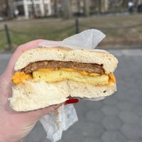 Vegan sausage, egg, and cheese sandwich on an everything bagel  at Grabstein's Bagels in New York City