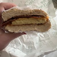 Vegan bacon, egg, and cheese sandwich on an everything bagel  at Grabstein's Bagels in New York City