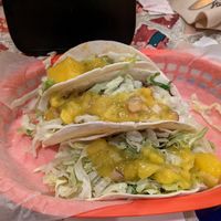 2 bean and rice and 1 veggie taco with mango lime jalapeño mild salsa. at Nini's Taqueria in Durango