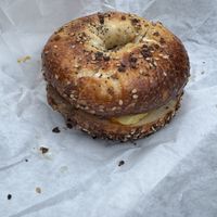 The same sandwich but undivided and upside downn  at Spielman Bagels - Division in Portland