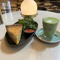 Vegetarian mushroom cheddar quiche with almond milk matcha.    at Mojo Coffee in Chicago