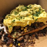 Vegan “sausage and egg" breakfast entree - delish (this was upon request)  at Snow City Cafe in Anchorage