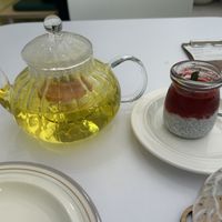 Korean Marigold Tea and the Coconut Chia seed pudding with berry jam  at Plantude - Godeok  in Seoul