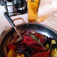 Vegan dish with vegetal-based meat looking protein. at Ristorante Ca dei Gobj in Trento