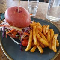 Bbq burger with beetroot bun at Cockles Cafe in Port Elliot