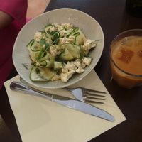 Courgette tagliatella with houmous, green beans and vegan feta at Mauvaise Herbe in Marseille