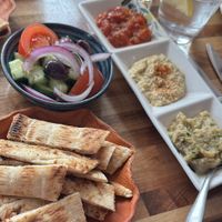 Starters of pitta, dips and salad   at Mykonos  in Harrogate